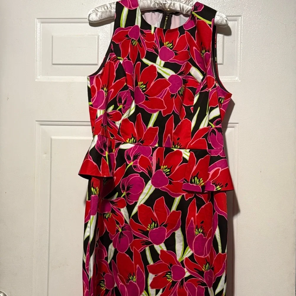 KATE SPADE Sz 14 RIO SLEEVELESS PEPLUM DRESS SHEATH Floral TROPICAL RED/PINK. - Picture 6 of 16